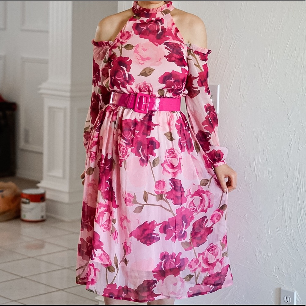 Pink Floral Off Shoulder Midi Dress - Picture 2 of 12